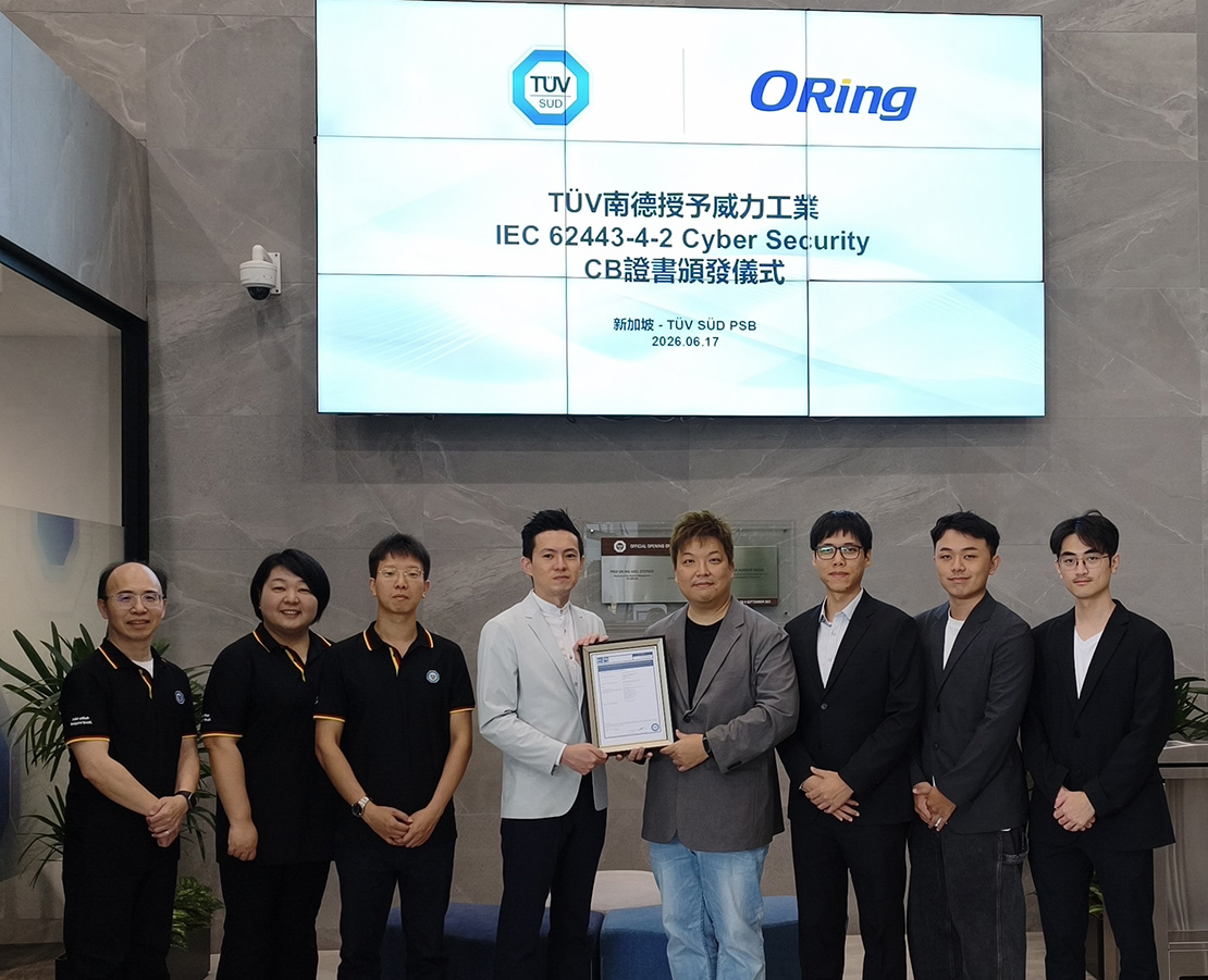 Certificate ceremony at TÜV SÜD PSB Singapore, where ORing received its IEC 62443-4-2 Cyber Security CB certificate
